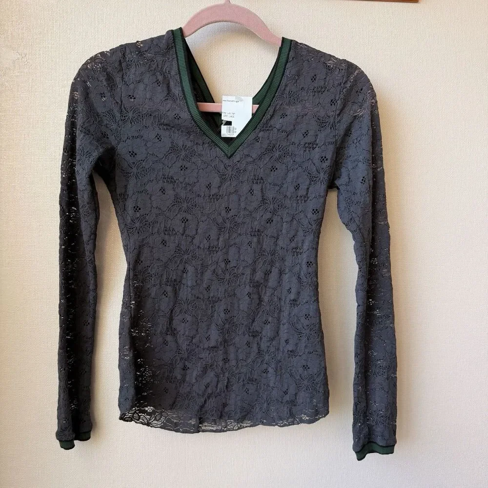 Free People Lace Long Sleeve Top XS Gray V-Neck Sheer Stretch Nylon Green Trim